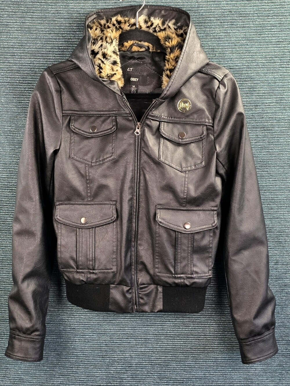 Vintage Y2K Obey Faux Leather Bomber Jacket With Cheetah Lined Hood